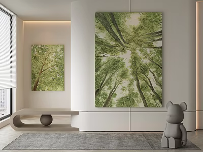 Natural Light Filled Interior With Forest Paintings And Minimalist Decor 3d model