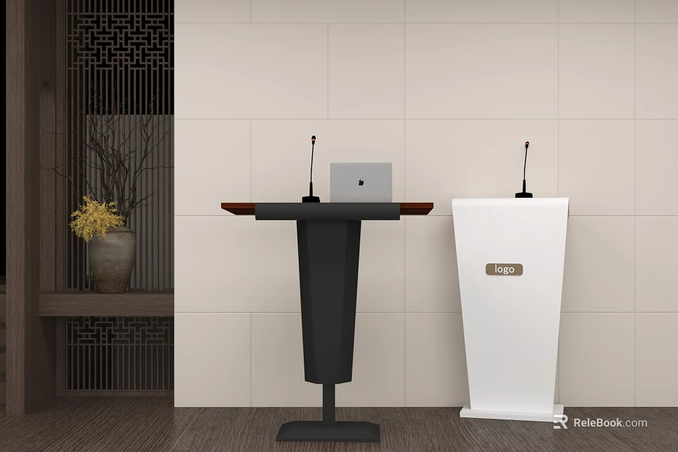 Black And White Podiums With Laptop Microphones And Nameplate On Wall Decor 3d model 