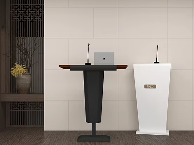Black And White Podiums With Laptop Microphones And Nameplate On Wall Decor 3d model