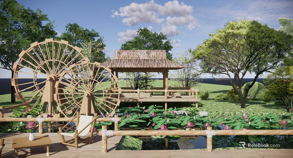Peaceful Natural Landscape With Waterwheel Thatched Pavilion Lotus Flowers Wooden Platform And Green Trees 3d model 