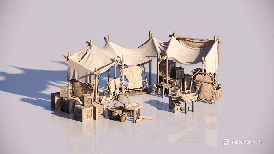 Ancient Campsite Scene With Multiple Tents Wooden Chests And Stools 3d model 