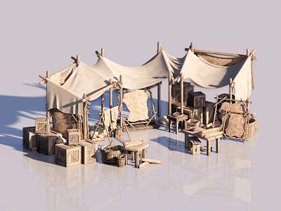 Ancient Campsite Scene With Multiple Tents Wooden Chests And Stools 3d model
