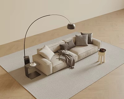 Beige Two Seater Sofa With Pillows Blanket Floor Lamp And Side Table On Rug 3d model