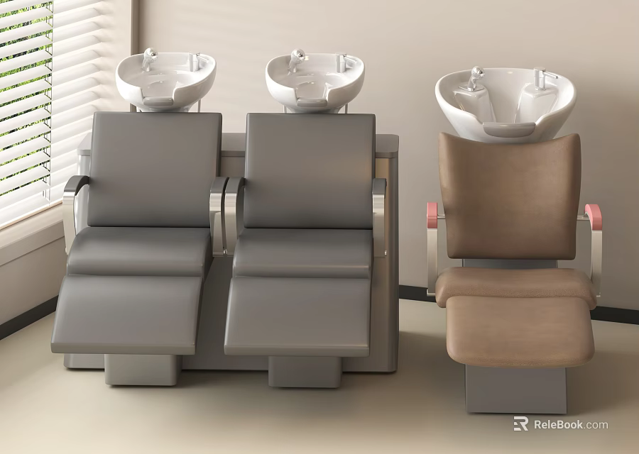 Salon Reclining Chairs in Gray and Brown with Shampoo Sinks by Window Blinds 3d model 