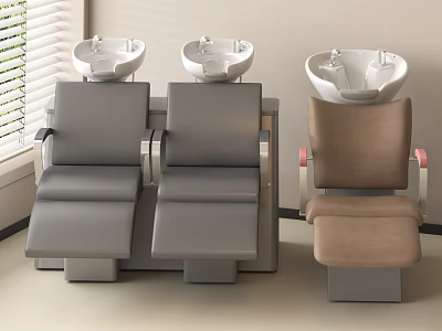 Salon Reclining Chairs in Gray and Brown with Shampoo Sinks by Window Blinds 3d model