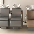 Salon Reclining Chairs in Gray and Brown with Shampoo Sinks by Window Blinds