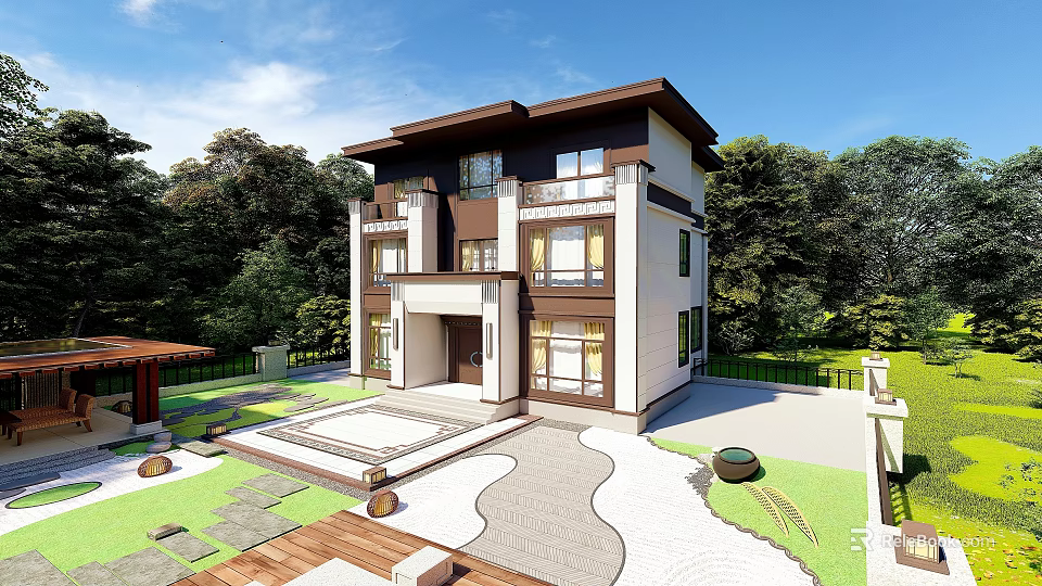 Modern Two Story Single Family Villa With White Brown Exterior And Garden Yard 3d model 
