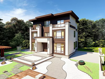 Modern Two Story Single Family Villa With White Brown Exterior And Garden Yard 3d model