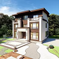 Modern Two Story Single Family Villa With White Brown Exterior And Garden Yard