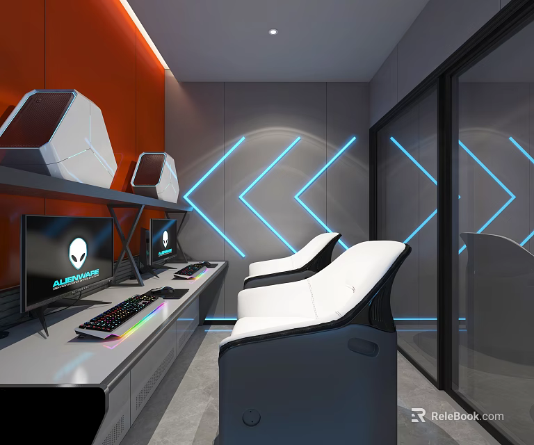 Modern Internet Cafe Interior With Gaming Computers Neon Lights And Ergonomic Chairs 3d model