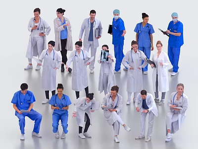 Group of Medical Professionals in White Coats and Blue Scrubs With Clipboards 3d model