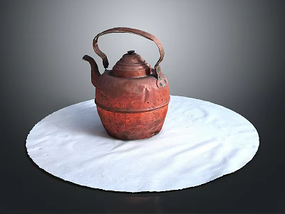 Red Carved Teapot Sculpture With Handle And Spout On White Circular Cloth 3d model