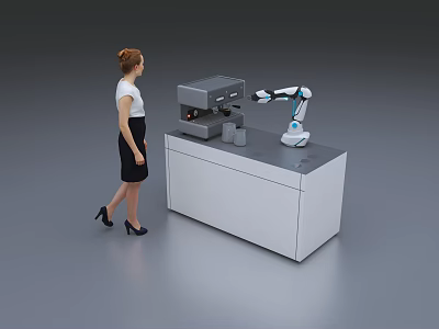 Smart Robotic Arm Operating Machine On Countertop With Standing Woman Nearby 3d model Smart Robotic Arm Operating Machine On Countertop With Standing Woman Nearby 3d model