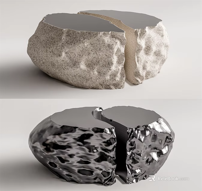 Stone and Metal Coffee Table with Split Design and Textured Surface 3d model 