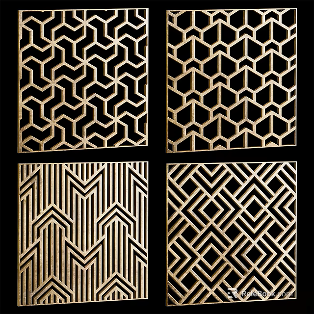 Modern Decorative Partition Screens With Geometric Patterns In Gold And Black 3d model 