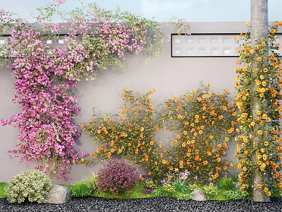 Vibrant Plant Combination With Pink Orange Climbing Plants Low Shrubs And Gray Wall 3d model