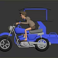 Blue Three Wheeled Motorcycle With Canopy And Rider Seated On It