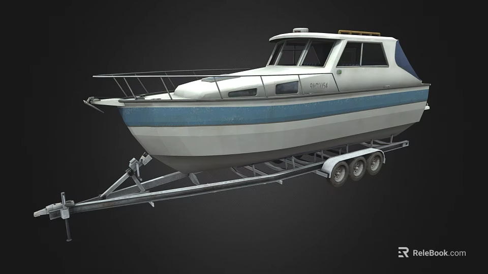 White And Blue Yacht With Trailer On Dark Background 3d model 