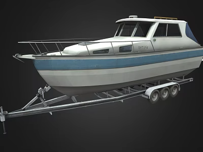 White And Blue Yacht With Trailer On Dark Background 3d model