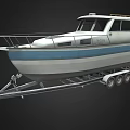 White And Blue Yacht With Trailer On Dark Background 3d model