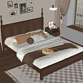 Wooden Double Bed With Carved Headboard Side Nightstands Table Lamps Wall Art And Checkered Rug