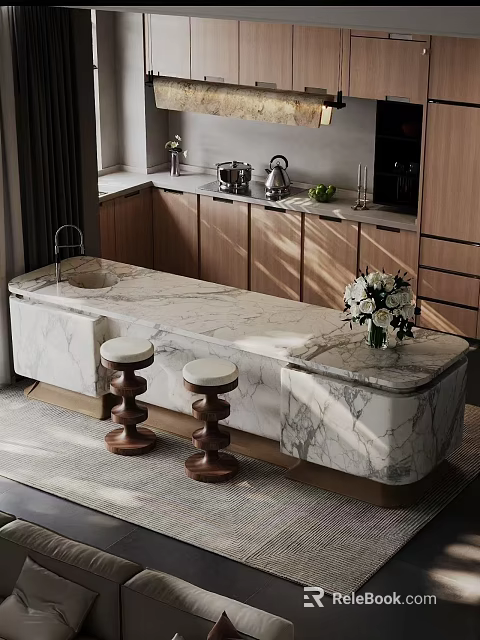 Modern Kitchen Interior Featuring Marble Island With Wooden Stools And Cabinets 3d model 