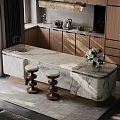 Modern Kitchen Interior Featuring Marble Island With Wooden Stools And Cabinets
