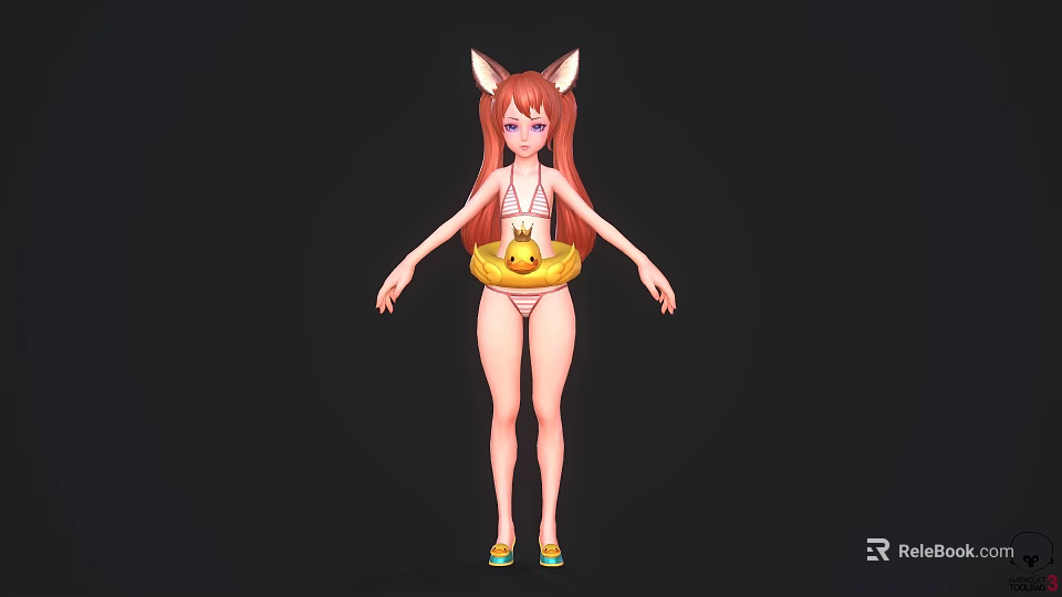 Anime Game Character With Fox Ears Long Red Hair In Yellow Bikini And Green Shoes 3d model 