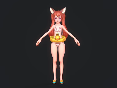 Anime Game Character With Fox Ears Long Red Hair In Yellow Bikini And Green Shoes 3d model