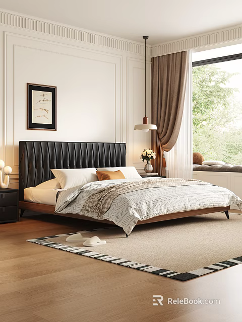 Double Bed With Black Leather Headboard White Bedding Nightstand Table Lamp And Brown Curtains 3d model 