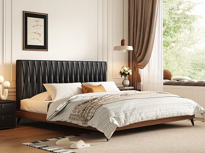 Double Bed With Black Leather Headboard White Bedding Nightstand Table Lamp And Brown Curtains 3d model
