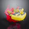 Pikachu Doll Sitting On Yellow Game Console With Red Splash Background Leaves And Berries