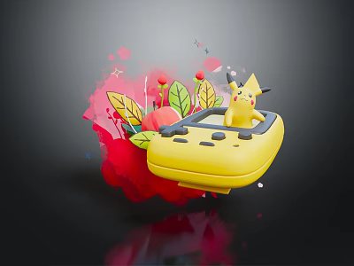 Pikachu Doll Sitting On Yellow Game Console With Red Splash Background Leaves And Berries 3d model