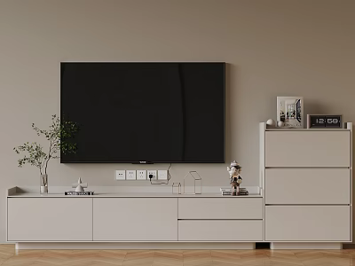 Modern Living Room TV Wall Large Black TV White Stand Cabinet Decorations Vase Photo Frames 3d model