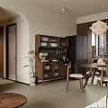 Modern Living Dining Room Interior With Dark Brown Bookshelf Green Sofa Round Wooden Coffee Table