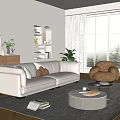 Modern Living Room Interior with White Sofa Brown Round Armchair Coffee Table Plant Window View