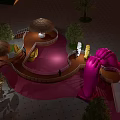 Colorful Children's Play Area With Pink Slide Wooden Canopy And Surrounding Trees