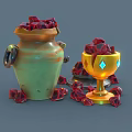 Elegant Decorative Ornament Set Featuring Yellow Cup Green Jar Scattered Red Gemstones And Diamond Decorations