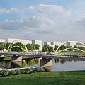 Scenic Arched Bridge Over Water With Reflection Green Trees And Cloudy Sky