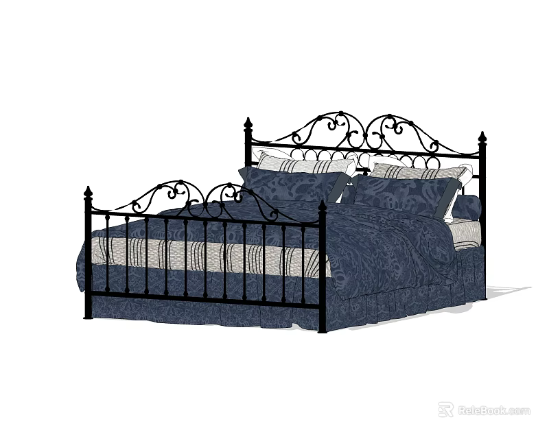 Ornate Black Iron Double Bed with Navy Blue Bedding and Striped Sheets 3d model 