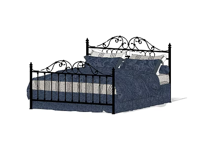Ornate Black Iron Double Bed with Navy Blue Bedding and Striped Sheets 3d model