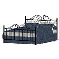 Ornate Black Iron Double Bed with Navy Blue Bedding and Striped Sheets