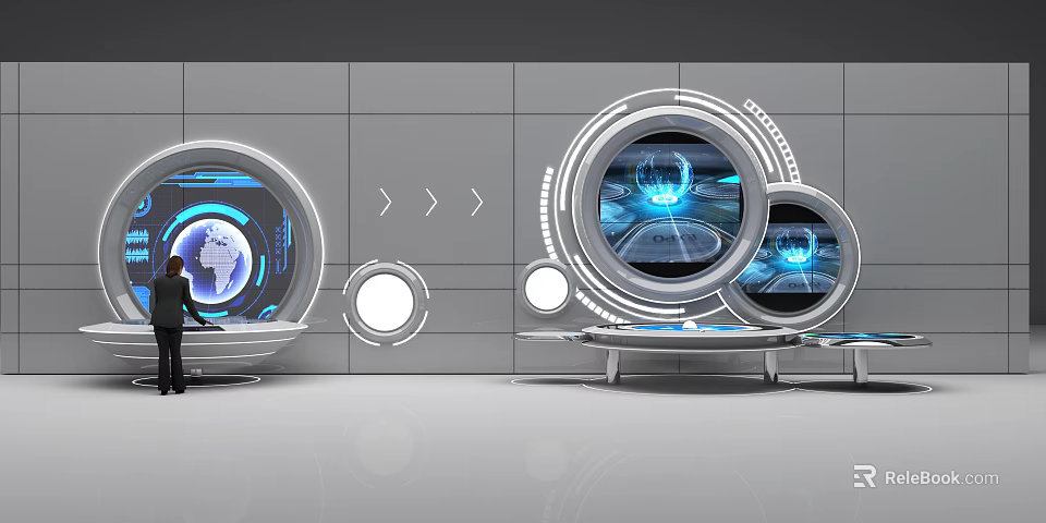 Futuristic Tech Control Room With Circular Displays Blue Lighting And Earth Interface Elements 3d model
