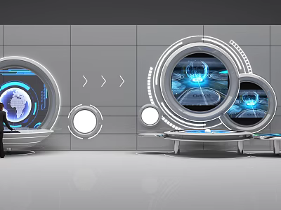 Futuristic Tech Control Room With Circular Displays Blue Lighting And Earth Interface Elements 3d model