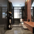 Modern Bathroom Interior With Marble Walls Circular Mirror Copper Countertop And White Toilet