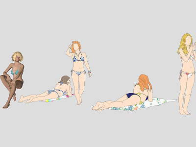 Multiple women in bikinis relaxing and posing on beach with colorful towels 3d model
