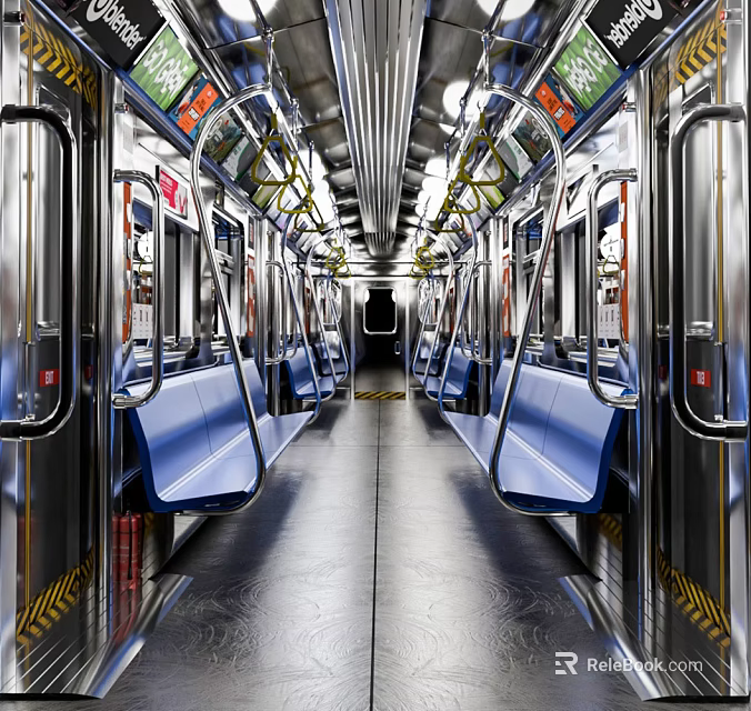 Metro Train Interior With Blue Seats Metal Handrails And Ceiling Lights 3d model 