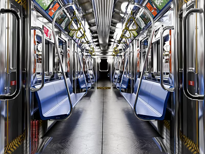 Metro Train Interior With Blue Seats Metal Handrails And Ceiling Lights 3d model