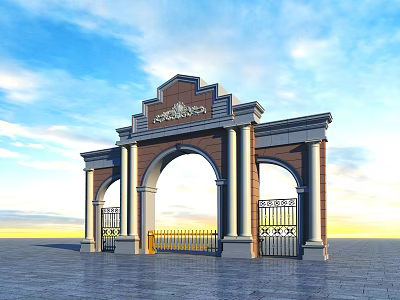European Style Entrance Gate With Arched Design Columns And Iron Gates 3d model