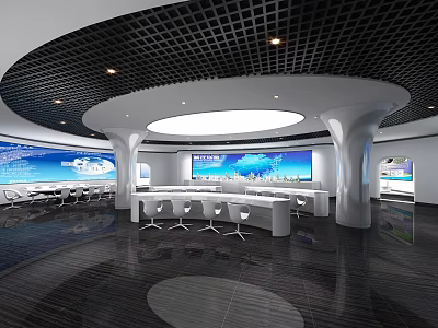 Modern Monitoring Room With Control Consoles Large Display Screens And Ergonomic Seating 3d model
